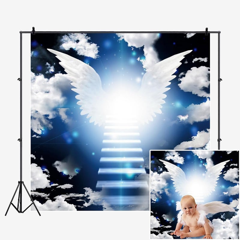 DORCEV 5x5ft Heaven Angel Wing Backdrop dor Baby Shower Photography Background Stairway to Heaven Dark Blue White Cloud Sky Lord Prayer Church Party Wallpaper Child Newborn Photo Studio Props - Image 1